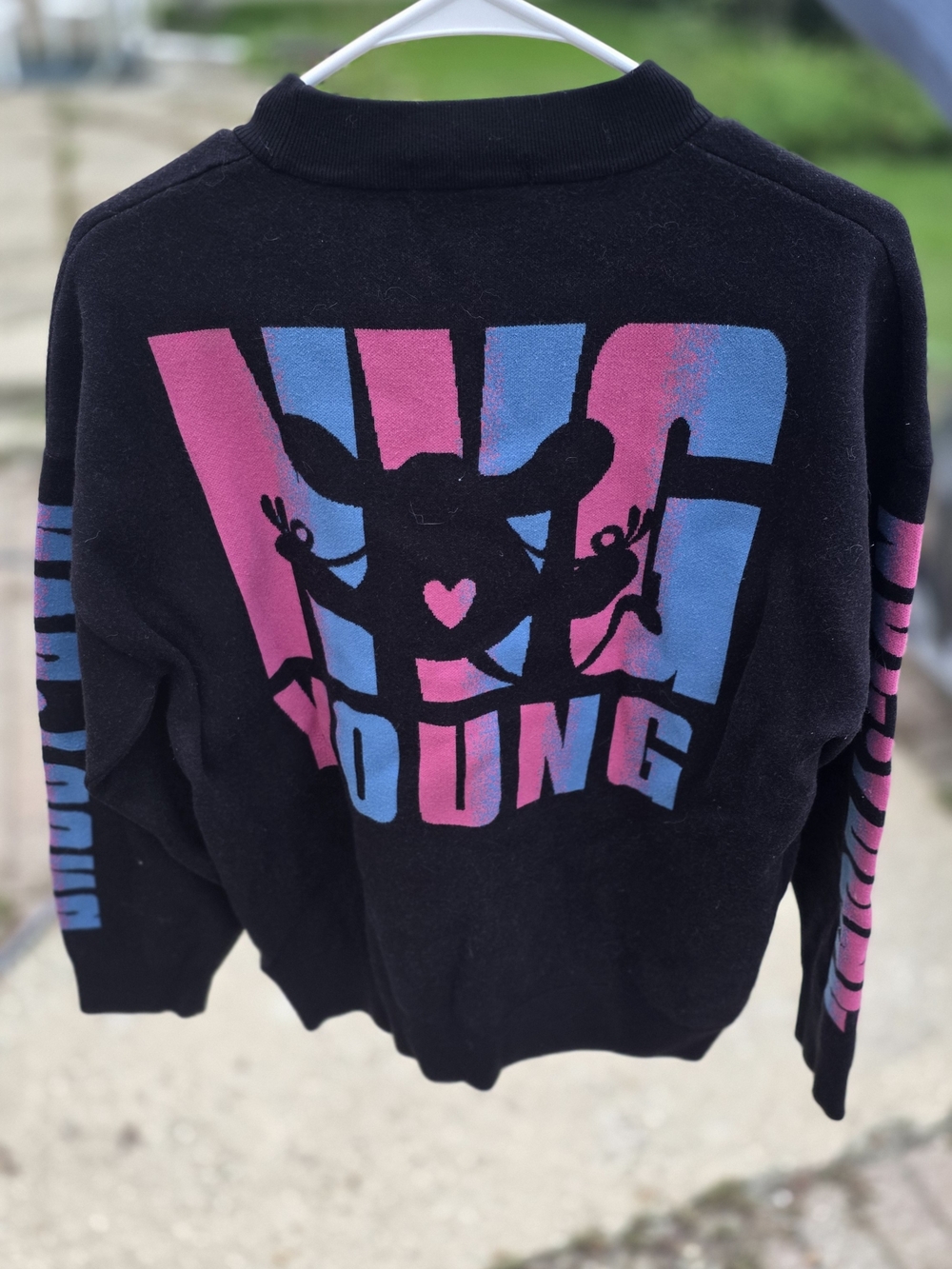 Black Crewneck Sweater with Pink & Blue Graphic